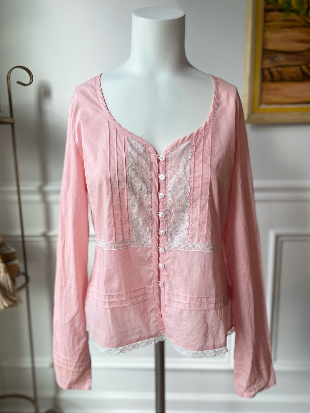 Pink Lace-Trim Button Front Blouse